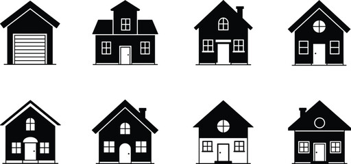 Black and white house silhouettes, architectural styles, residential design, roof shapes, window placement, home illustration, real estate icons