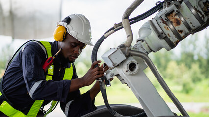 Aircraft maintenance engineer inspecting airplane engine with safety equipment and tools, aviation mechanic ensuring aircraft repair, safety check, and technical engineering service.