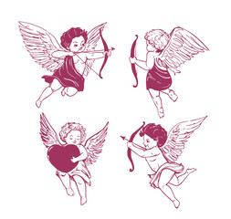 Cupid, angel set, hand drawn sketch, vector illustration