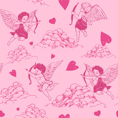Cupid, seamless pattern, angel set, hand drawn sketch, one-color vector illustration