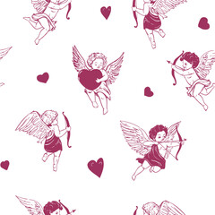 Cupid, seamless pattern, angel set, hand drawn sketch, one-color vector illustration