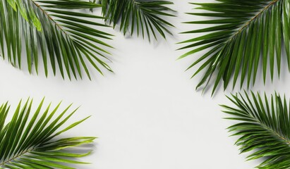 Obraz premium Fresh palm fronds arranged in a border on a light gray background