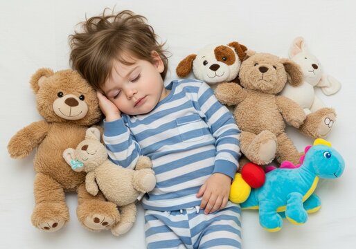 Sweet slumber: A young boy peacefully sleeping surrounded by his plush toy companions