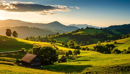 A picturesque mountain landscape at sunset