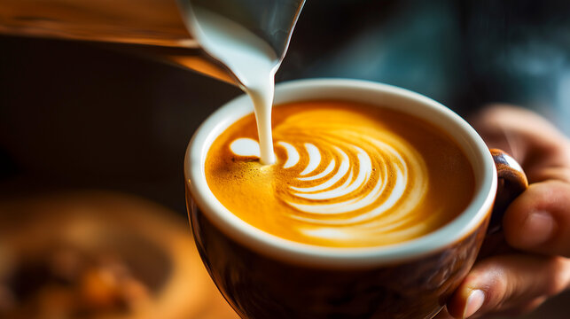 pouring coffee into a cup cappuccino latte in a glass Barista behind the bar pouring latte