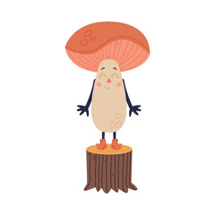 Funny Mushroom Character with Happy Face and Cap Vector Illustration