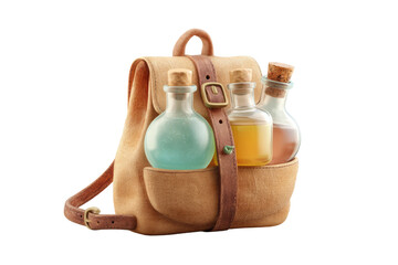 Leather backpack with potion bottles: adventure essentials, cut out