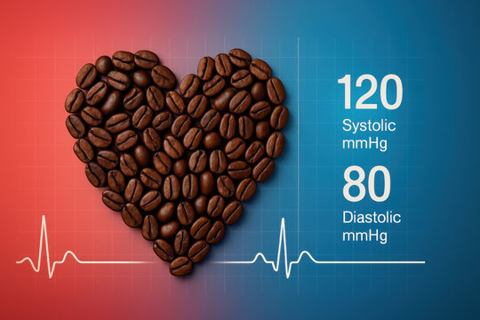 Coffee drinking blood pressure heart shaped coffee bean arrangement on gradient background with ECG reading and numbers indicating systolic and diastolic