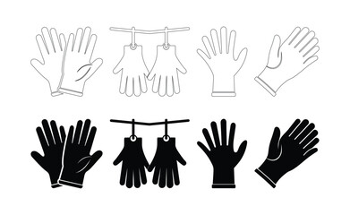 Fototapeta premium Rubber cleaning gloves vector icons set in black silhouette and outline style for household hygiene design