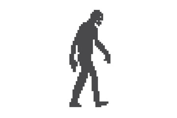 Pixelated gray silhouette of zombie monster walking with arms reaching outwards against a white backdrop