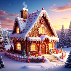 Festive gingerbread house in snowy landscape