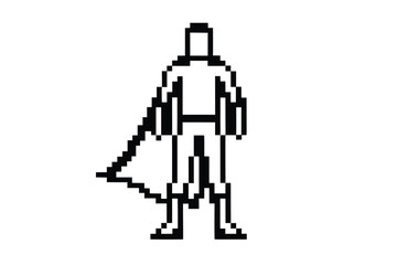 Pixelated hero stands strong with cape flowing, depicted in minimalist form