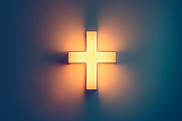 Obraz premium A glowing cross illuminates a textured wall, casting shadows and creating a modern, minimalist symbol of faith and spirituality.