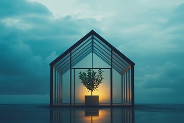 Obraz premium A minimalist greenhouse with a plant inside, set against a cloudy sky, creating a serene and tranquil atmosphere.