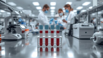 Blood collection test tubes sit on a laboratory counter amidst medical equipment such as a microscope, centrifuge, and an automated analyzer, against a blurred background of a diagnostic laboratory.