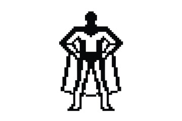 Pixelated hero stands with hands on hips showing retro style and costume cape
