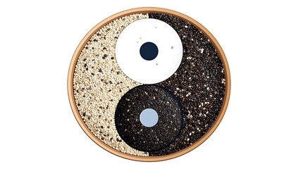 Yin Yang Symbol Formed with Chia Seeds, Sesame Seeds, and White Quinoa in Wooden Bowl