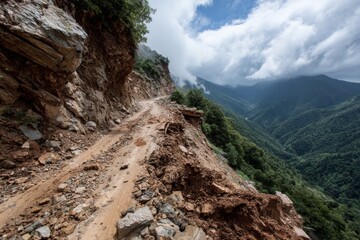 Unpaved mountain road winding through a steep valley after a recent landslide