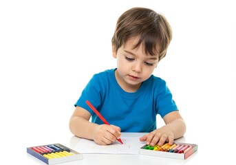 Concentrated young boy creating colorful artwork with crayons on white surface