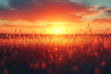 A serene sunset over a golden field of grass, with warm colors painting the sky in a tranquil landscape.