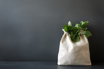 A minimalist still life featuring a canvas bag filled with fresh green leaves against a gray background, conveying a sense of natural simplicity.