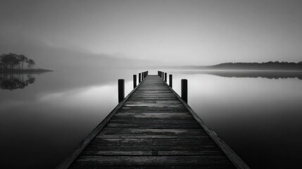 Obraz premium A grayscale tranquil lake scene with a wooden pier