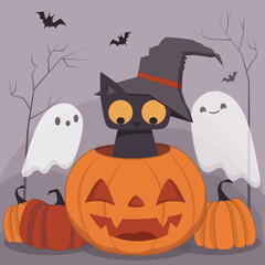 Cute Black Cat in Pumpkin with Ghosts and Bats Halloween Design