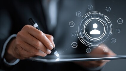 A person's hand holding a pen above a tablet, interacting with a holographic user interface displaying a profile icon surrounded by data icons