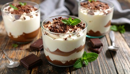 Chocolate dessert parfaits on a rustic wooden table