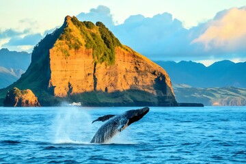 Majestic Humpback Whale Breaching at Sunrise, Dramatic Coastal Cliffs, Vibrant Ocean, Serene Morning Light, Breathtaking Wildlife Scene, Pacific Ocean, Island Landscape,  Nature Photography.