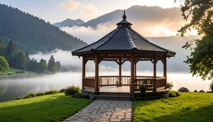 Lakeside gazebo at dawn