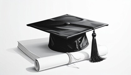 Black Graduation cap and diploma, representing educational success, on white background.