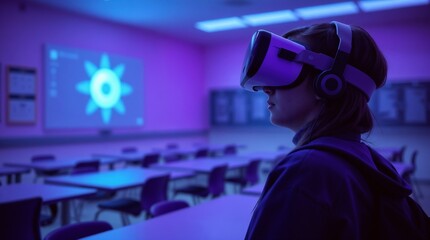 School student with VR headset using AI artificial intelligence technology. machine learning. Interactive technology in classroom. Smart tech. blue hologram in education