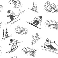 Skiers set, hand drawn sketch, monochrome vector illustration
