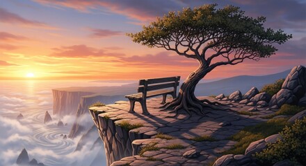 Bench sits under a tree on a cliff overlooking a sea of clouds at sunset, with mountains in the distance.