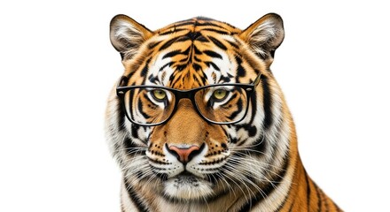 Obraz premium tiger wearing glasses, spectacles eyewear, on a solid white background