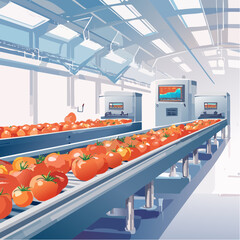 Fresh tomato harvest on automated conveyor belts in modern food processing plant, promoting efficiency, technology, and high-quality produce for consumers