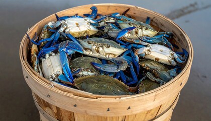 Fresh blue crabs in a wooden crate