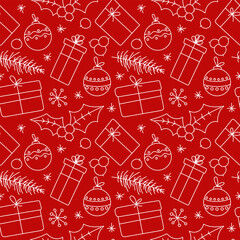 Winter Christmas seamless doodle pattern with Christmas tree toys, snowflakes, gifts, vector. Festive background template for design, decoration, fabric, wrapping paper. Christmas elements in a line