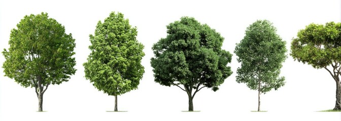 Four diverse trees against a plain white background.  Full, lush green foliage of varying shapes and densities crowns each tree trunk