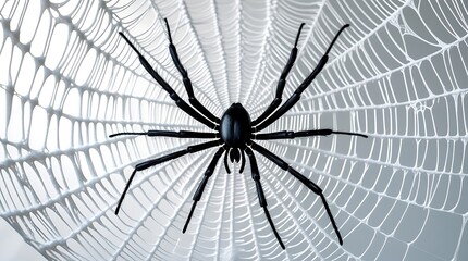 Obraz premium A professional photo of a highly detailed spider web with intricate threads and patterns, featuring a large black spider with distinct rounded body and long slender legs in the center.
