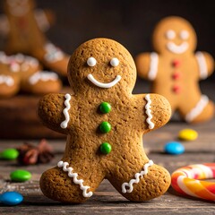 Festive gingerbread man cookie on a rustic wooden surface