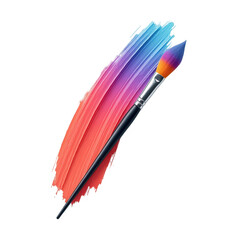 A vibrant paintbrush angled against a colorful paint stroke, showcasing a mix of vivid hues.