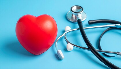 A stethoscope and a red heart shape symbolizing healthcare, medicine, and cardiology for a healthy heart on a blue background.