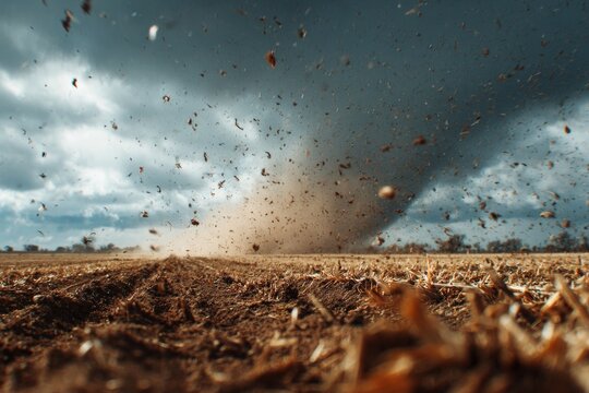 Tornado forming over a rural field, with debris and dust swirling in the wind