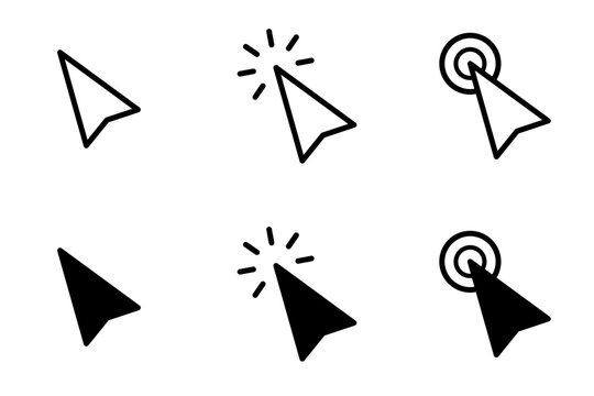 Vector illustration of a cursor arrow set. Mouse cursor pointer collection with different click and target variations