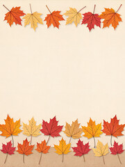 Minimalist background with single row of aligned autumn leaves creating elegant border, neutral beige backdrop, clean composition, no text