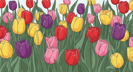 A vibrant field of colorful tulips in full bloom, showcasing a variety of red, yellow, pink, and purple blossoms.