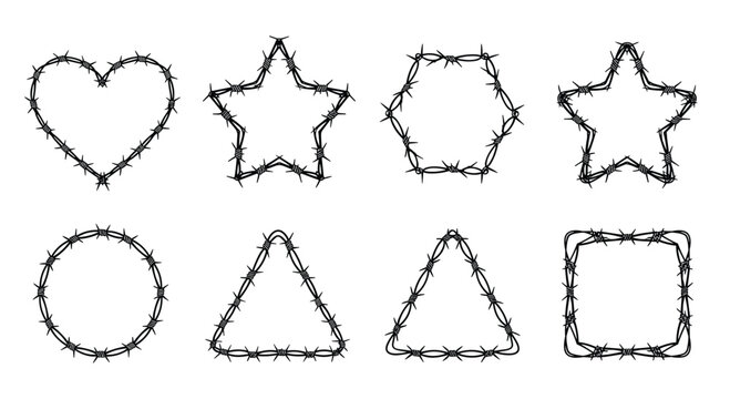 A collection of geometric shapes and a heart outline made from barbed wire.