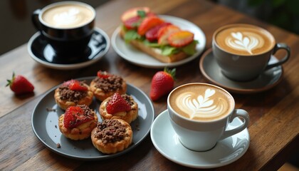 Fototapeta premium Two cups of latte with artful foam designs sit on rustic wooden table alongside plate of strawberry tarts, small open-faced sandwich with strawberries. Delightful spread offers comforting breakfast